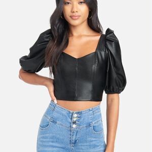 Haute Monde faux leather off shoulder cropped top